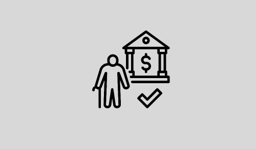 Eine alte Person am Stock vor einer Bank-Icon
