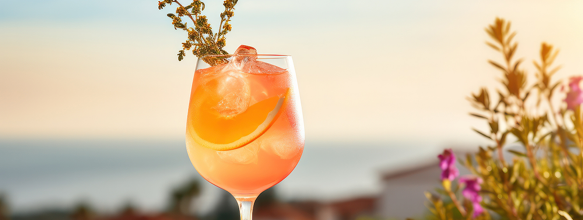 Ein Glas Aperol vor einem Sonnenuntergang im Hintergrund