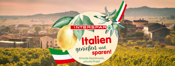 Italienische Landschaft und ein Logo mit der Aufschrift "Italien genießen und sparen!"