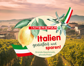 Italienische Landschaft und ein Logo mit der Aufschrift "Italien genießen und sparen!"
