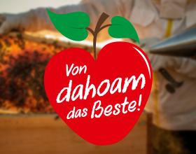 "Von dahoam das Beste"-Logo vor Bienenwaben im Sonnenschein