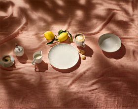 Ein Teller, Tassen, ein Kaffeekännchen, frische Zitronen und mehr auf einem braunen Tuch