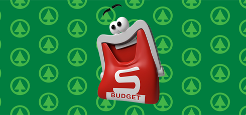 Lachendes S-BUDGET Börserl auf S-BUDGET-Hintergrund