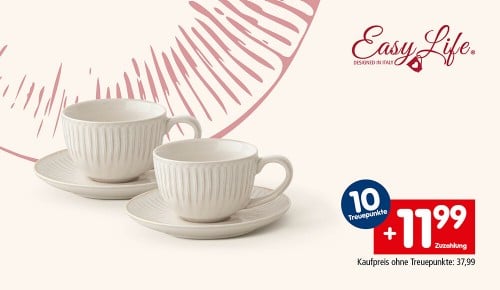 Zwei Espressotassen und die Aufschrift "10 Treuepunkte. +11,99€ Zuzahlung. Kaufpreis ohne Treuepunkte: 37,99€"