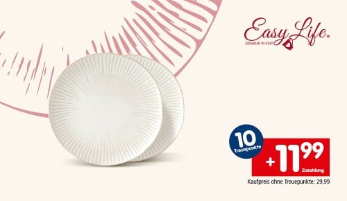 Zwei Frühstücksteller und die Aufschrift "10 Treuepunkte. +11,99€ Zuzahlung. Kaufpreis ohne Treuepunkte: 29,99€"
