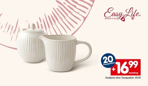 Ein Milchkännchen und eine Zuckerdose und die Aufschrift "20 Treuepunkte. +16,99€ Zuzahlung. Kaufpreis ohne Treuepunkte: 49,99€"