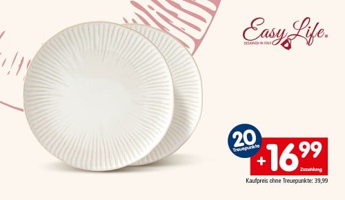 Zwei Speiseteller und die Aufschrift "20 Treuepunkte. +16,99€ Zuzahlung. Kaufpreis ohne Treuepunkte: 39,99€"