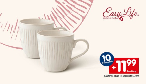 Zwei Tassen und die Aufschrift "10 Treuepunkte. +11,99€ Zuzahlung. Kaufpreis ohne Treuepunkte: 32,99€"