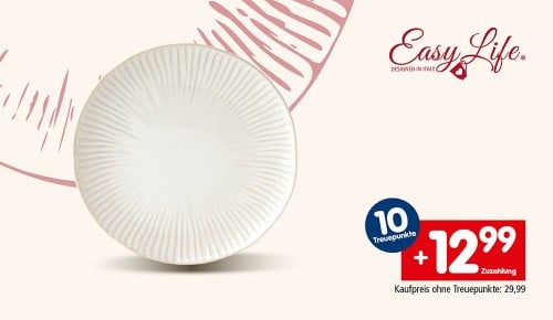 Zwei Teller und die Aufschrift "10 Treuepunkte. +12,99€ Zuzahlung. Kaufpreis ohne Treuepunkte: 29,99€"