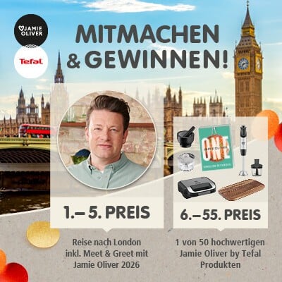 Gewinnspiel-Sujet mit der Aufschrift "MITMACHEN & GEWINNEN! 1.-5. Preis Reise nach London inkl. Meet & Greet mit Jamie Oliver 2026. 1 von 50 hochwertigen Jamie Oliver by Tefal Produkten"
