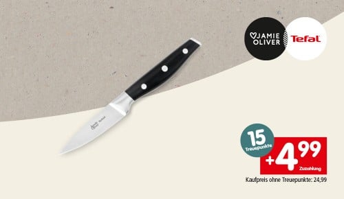 Ein Messer und die Aufschrift "15 Treuepunkte. +4,99€ Zuzahlung. Kaufpreis ohne Treuepunkte: 24,99€"
