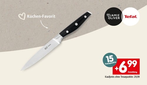 Ein Messer und die Aufschrift "15 Treuepunkte. +6,99€ Zuzahlung. Kaufpreis ohne Treuepunkte: 29,99€"