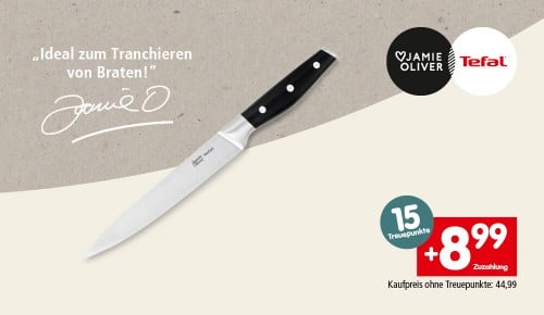 Ein Messer und die Aufschrift "15 Treuepunkte. +8,99€ Zuzahlung. Kaufpreis ohne Treuepunkte: 44,99€"