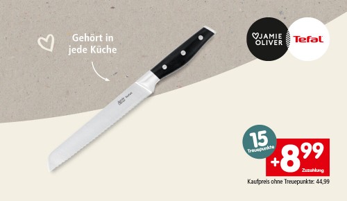 Ein Messer und die Aufschrift "15 Treuepunkte. +8,99€ Zuzahlung. Kaufpreis ohne Treuepunkte: 44,99€"