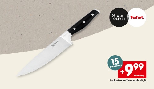 Ein Messer und die Aufschrift "15 Treuepunkte. +9,99€ Zuzahlung. Kaufpreis ohne Treuepunkte: 49,99€"