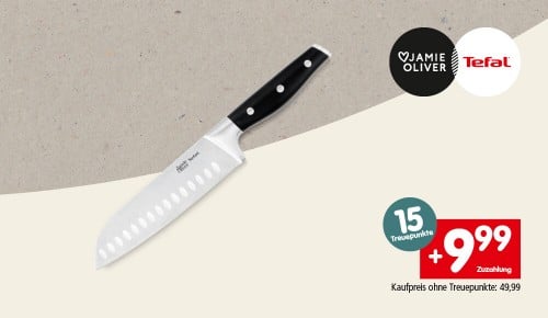 Ein Messer und die Aufschrift "15 Treuepunkte. +9,99€ Zuzahlung. Kaufpreis ohne Treuepunkte: 49,99€"