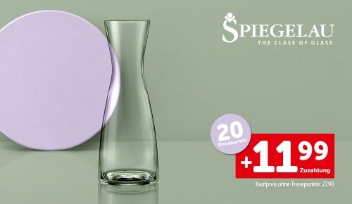 Eine Karaffe ohne Deckel und die Aufschrift "20 Treuepunkte. +11,99€ Zuzahlung. Kaufpreis ohne Treuepunkte: 27,90€"