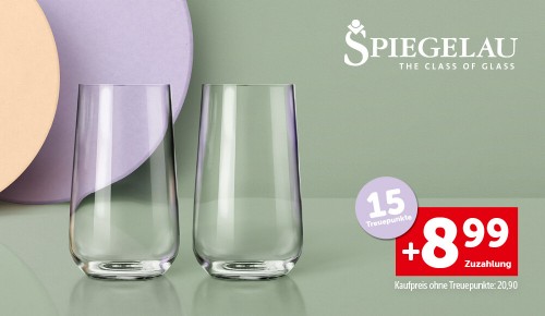 Zwei Longdrinkgläser und die Aufschrift "15 Treuepunkte. +8,99€ Zuzahlung. Kaufpreis ohne Treuepunkte: 20,90€"