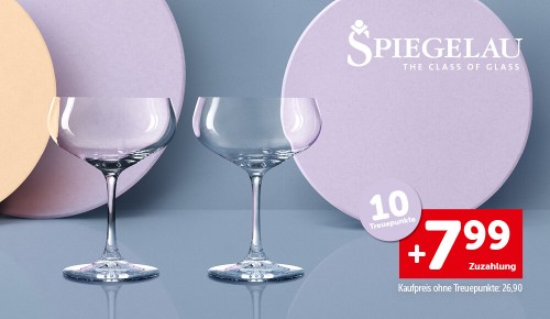 Zwei Cocktailgläser und die Aufschrift "10 Treuepunkte. +7,99€ Zuzahlung. Kaufpreis ohne Treuepunkte: 26,90€"