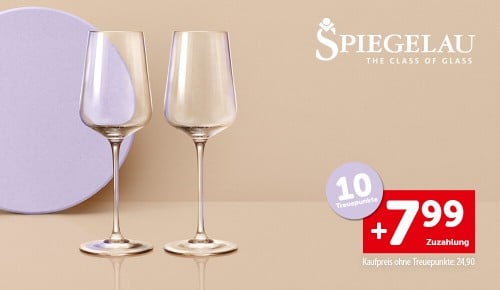 Zwei Weißweingläser und die Aufschrift "10 Treuepunkte. +7,99€ Zuzahlung. Kaufpreis ohne Treuepunkte: 24,90€"