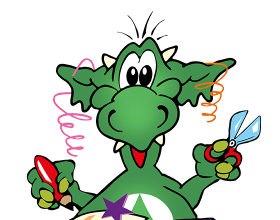 Das gezeichnete INGO-Maskottchen mit Konfetti