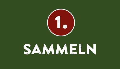 Roter Kreis mit einen 1er in der Mitte und dem Text "sammeln" auf einem dunkelgrünen Hintergrund