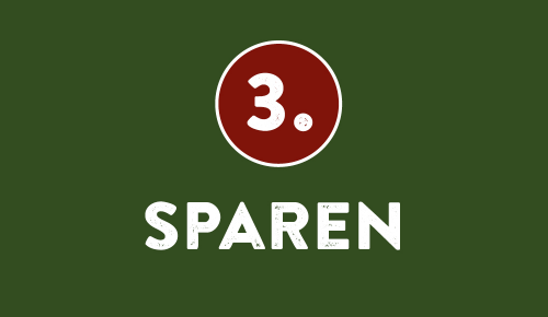 Roter Kreis mit einen 3er in der Mitte und dem Text "sparen" auf einem dunkelgrünen Hintergrund