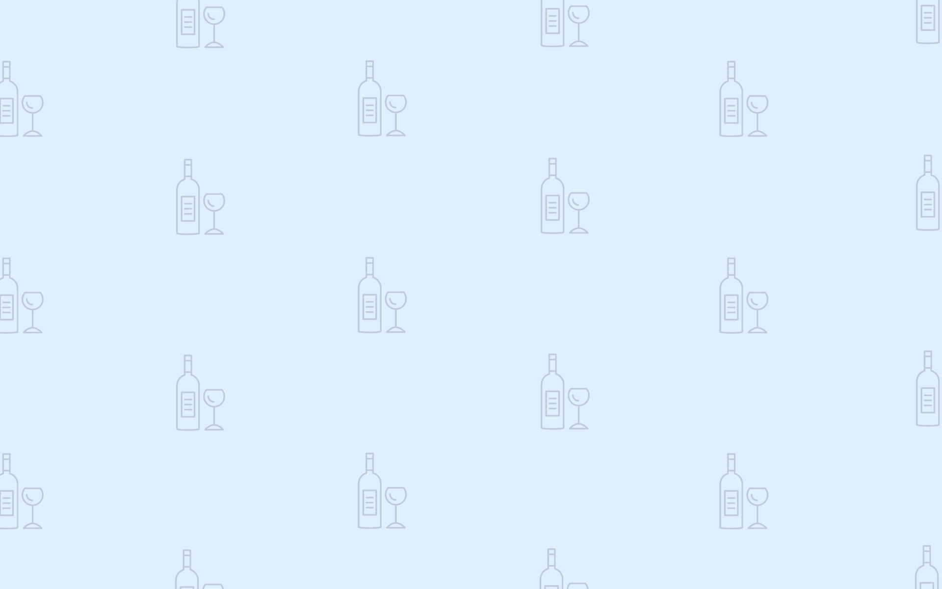 Viele kleine Weinglas und -flaschen-Icons auf einem hellblauen Hintergrund