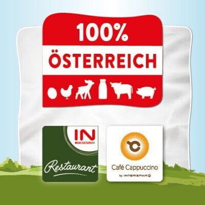 Sujet mit der Aufschrift "100% Österreich" und den Icons Ei, Geflügel, Wild, Milch, Rind, Schwein