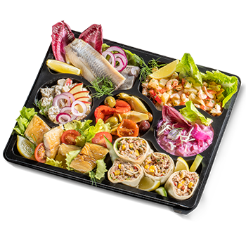 Eine Heringsschmaus-Platte mit verschiedenen Fisch-Aufstrichen., Fisch-Wraps und mehr