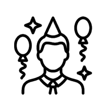 Person mit Luftballons und Partyhut-Icon