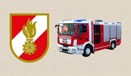 Das Logo der Österreichischen Feuerwehren und ein Feuerwehrauto