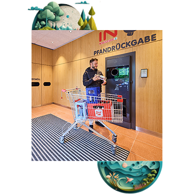 Ein Mann mit einem Einkaufswagen bei der Flaschenrückgabe