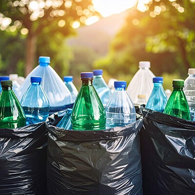 Viele leere Plastikflaschen in mehreren schwarzen Müllbeuteln