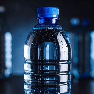 Eine Plastikflasche voller Wasser mit einem blauen Schraubdeckel