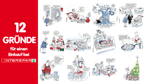 12 verschiedene Karikaturen und die Aufschrift "12 Gründe für einen Einkauf bei INTERSPAR"