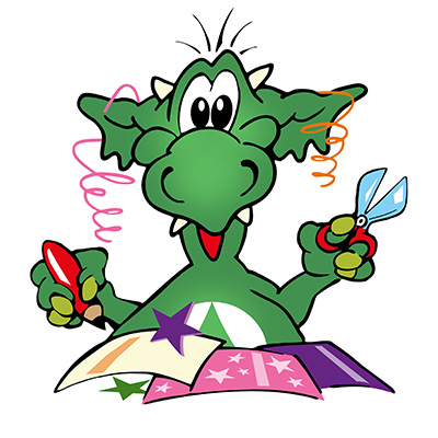 Ein kleiner grüner Drache namens INGO mit einer Schere und einem Stift beim Basteln