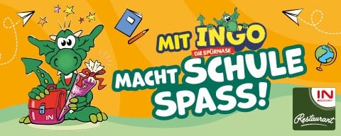 Mit INGO, die Spürnase, macht Schule Spaß!  Abbildung von INGO mit Schultasche und Schultüte, INTESPAR-Restaurant Logo