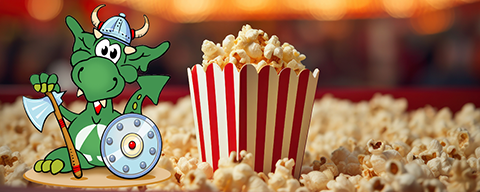 INGO als Wikinger neben einer Schachtel Popcorn