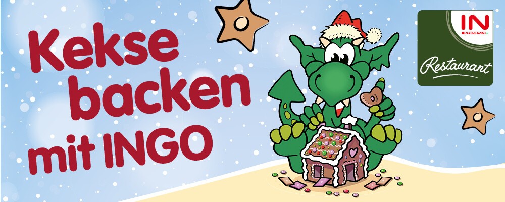 INGO mit einem Backbleck voller Kekse, Keksebacken mit INGO, Logo des INTERSPAR-Restaurants