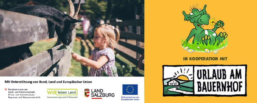 In Kooperation mit Urlaub am Bauernhof. Abbildung eines Mädchens, das eine Ziege füttert. Mit Unterstützung von  Bund. Land und Europäischer Union