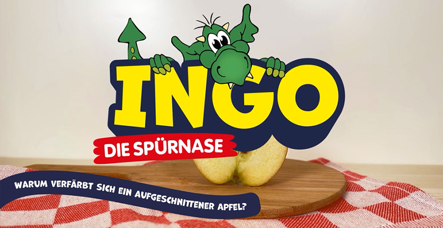Logo von "INGO die Spürnase" vor einem halbierten Apfel