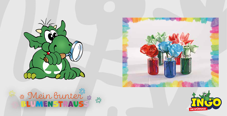 Ingo, der kleine grüne Drache, mit einer Lupe neben einem Blumenstrauß