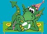 Ein kleiner grüner Drache namens INGO liegt mit einem Partyhut im Gras