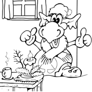 INGO Mahlvorlage für Weihnachten: INGO mit Schal und Weihnachtsmütze, einer Adventkerze und einer Tasse Tee in einem Raum