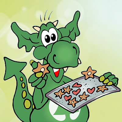 Ein kleiner grüner Drache namens INGO mit einem Blech Kekse in den Händen