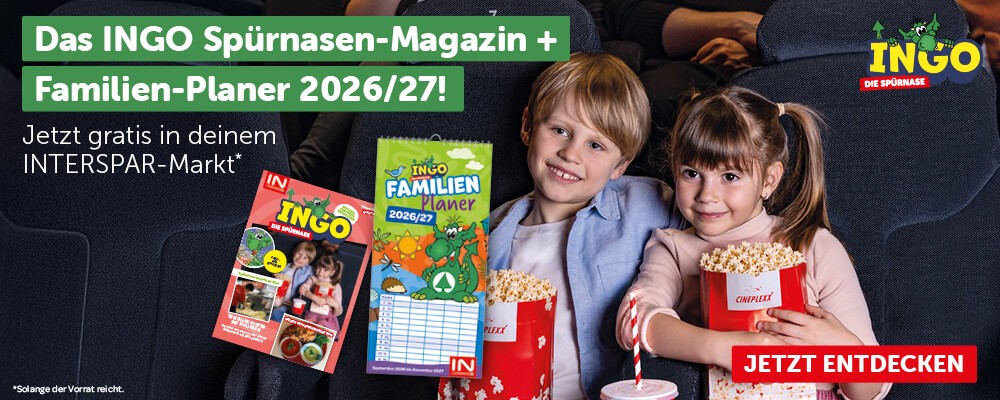 Das INGO Spürnasen-Magazin + Familienplaner 2026/27 jetzt gratis in deinem INTERSPAR-Markt