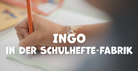 INGO in der Schulhefte-Fabrik; Kinderhand, die in einem Heft schreibt