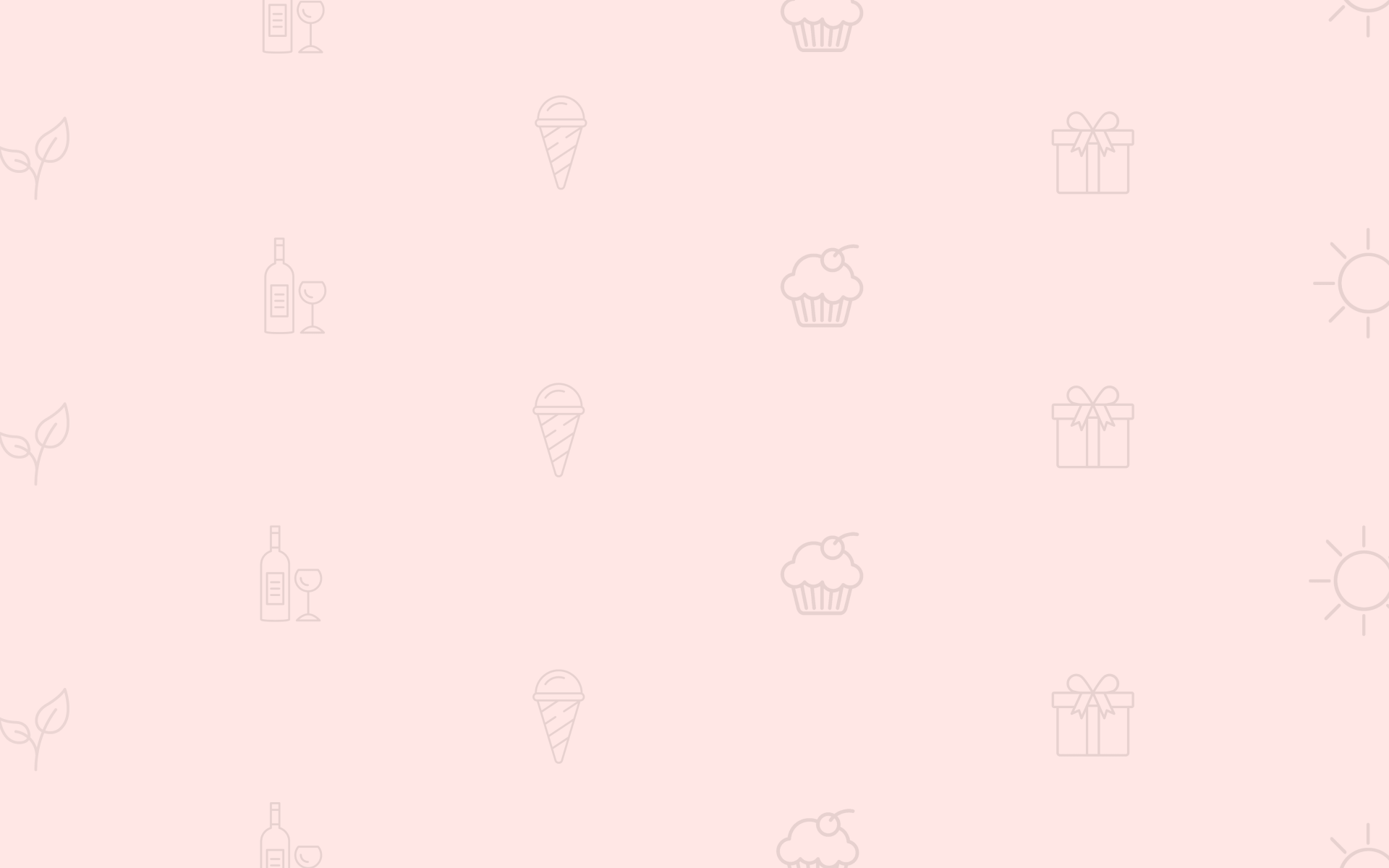 Viele kleine Pflanzen-, Wein-, Eis-, Cupcake-, Geschenk- und Sonnen-Icons auf einem rosa Hintergrund