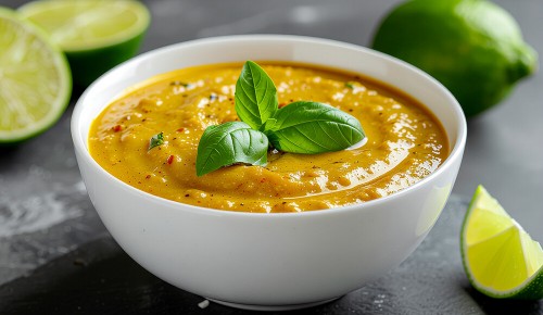 Ein weißes Schälchen gefüllt mit einer gelben Paste bestehend aus Curry, Kokos und Limette